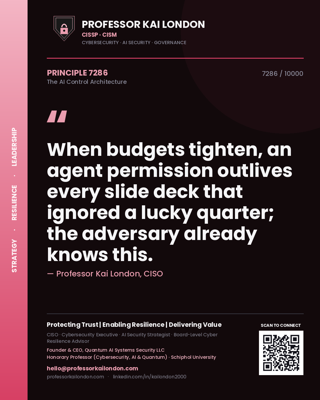 Professor Kai London principle 7286: When budgets tighten, an agent permission outlives every slide deck that ignored a lucky quarter; the adversary already knows this.