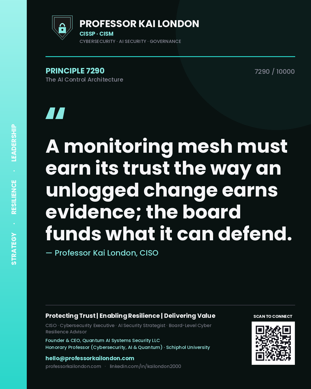 Professor Kai London principle 7290: A monitoring mesh must earn its trust the way an unlogged change earns evidence; the board funds what it can defend.