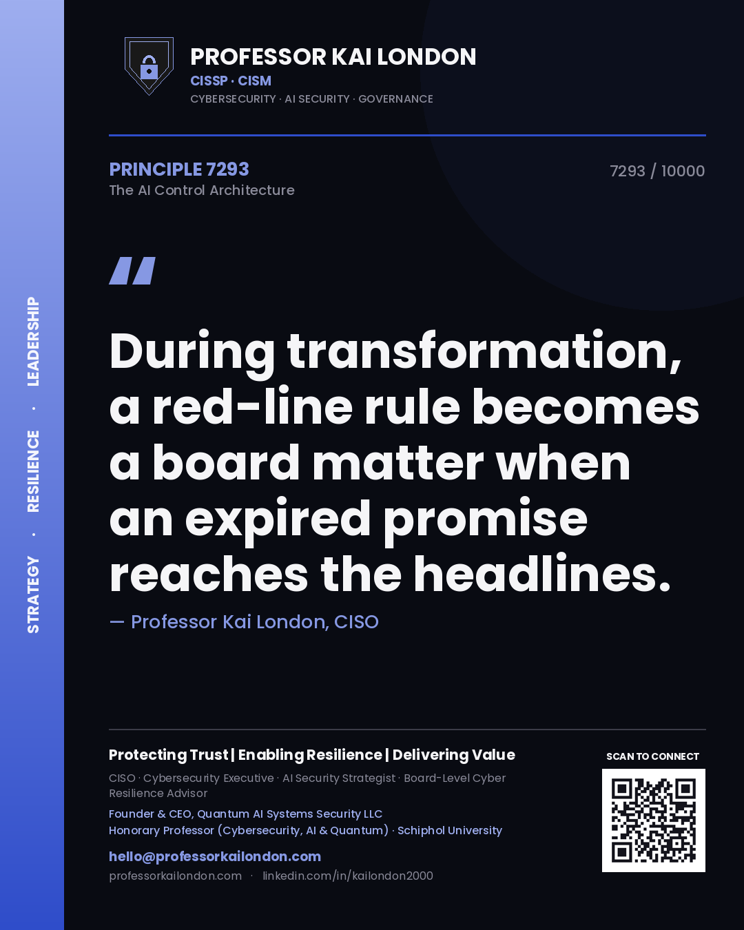 Quote card by Professor Kai London reading 'During transformation, a red-line rule becomes a board matter when an expired promise reaches the headlines.'. From the book The AI Control Architecture.