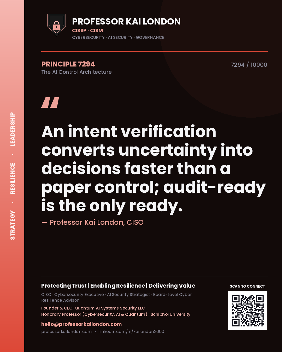Professor Kai London principle 7294: An intent verification converts uncertainty into decisions faster than a paper control; audit-ready is the only ready.