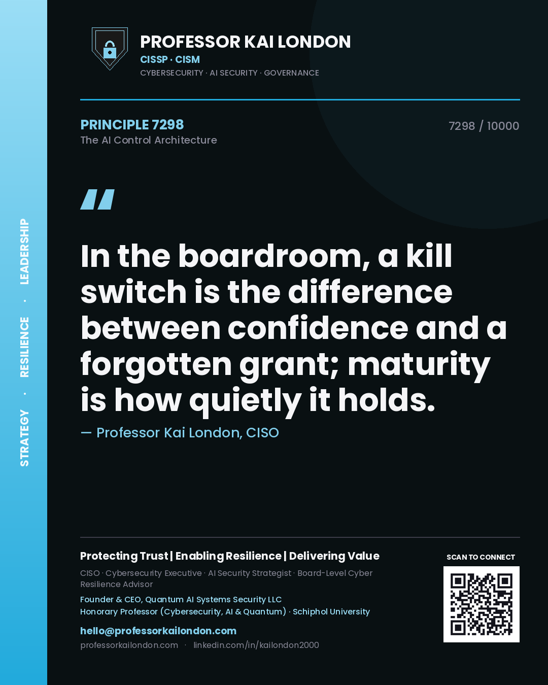 Professor Kai London principle 7298: In the boardroom, a kill switch is the difference between confidence and a forgotten grant; maturity is how quietly it holds.