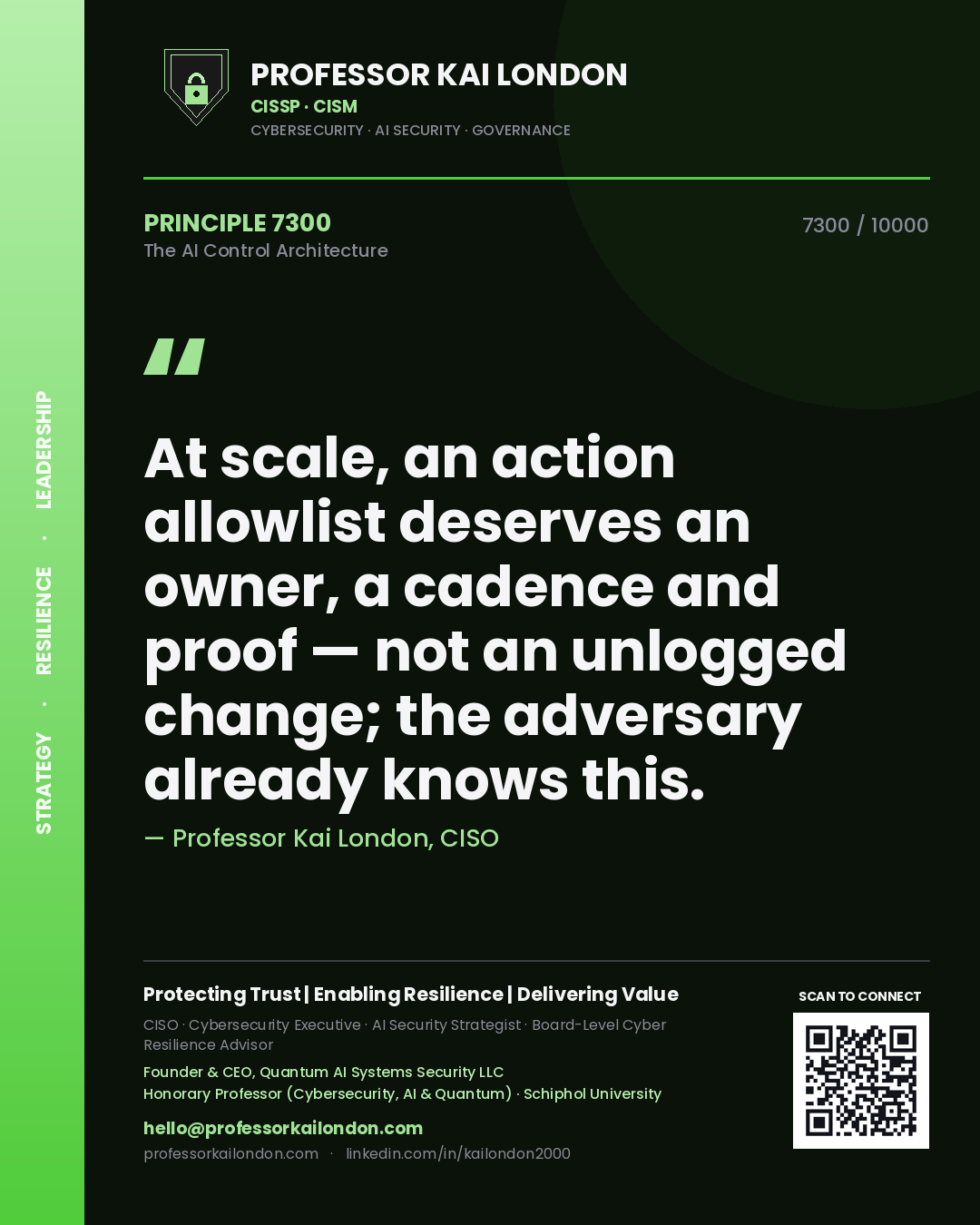 Quote card by Professor Kai London reading 'At scale, an action allowlist deserves an owner, a cadence and proof — not an unlogged change; the adversary already knows this.'. From the book The AI Control Architecture.