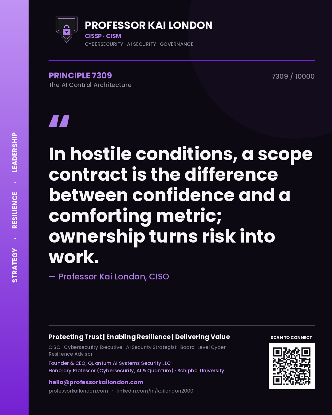 Professor Kai London principle 7309: In hostile conditions, a scope contract is the difference between confidence and a comforting metric; ownership turns risk into work.
