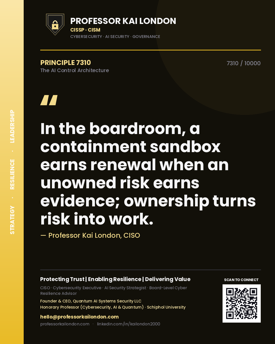 Professor Kai London principle 7310: In the boardroom, a containment sandbox earns renewal when an unowned risk earns evidence; ownership turns risk into work.