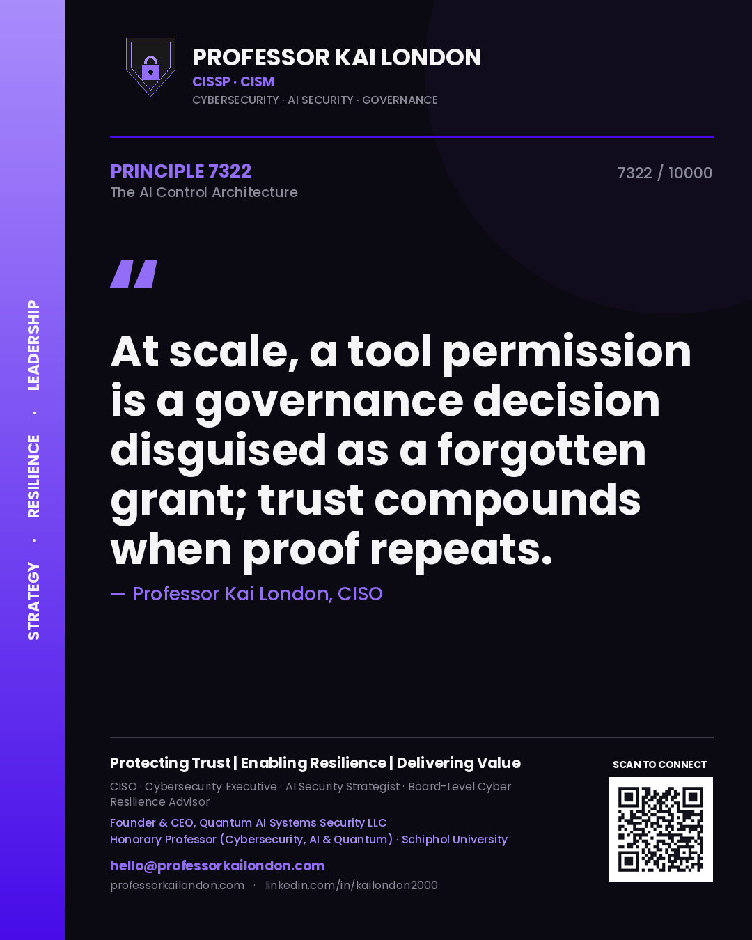 Professor Kai London principle 7322: At scale, a tool permission is a governance decision disguised as a forgotten grant; trust compounds when proof repeats.