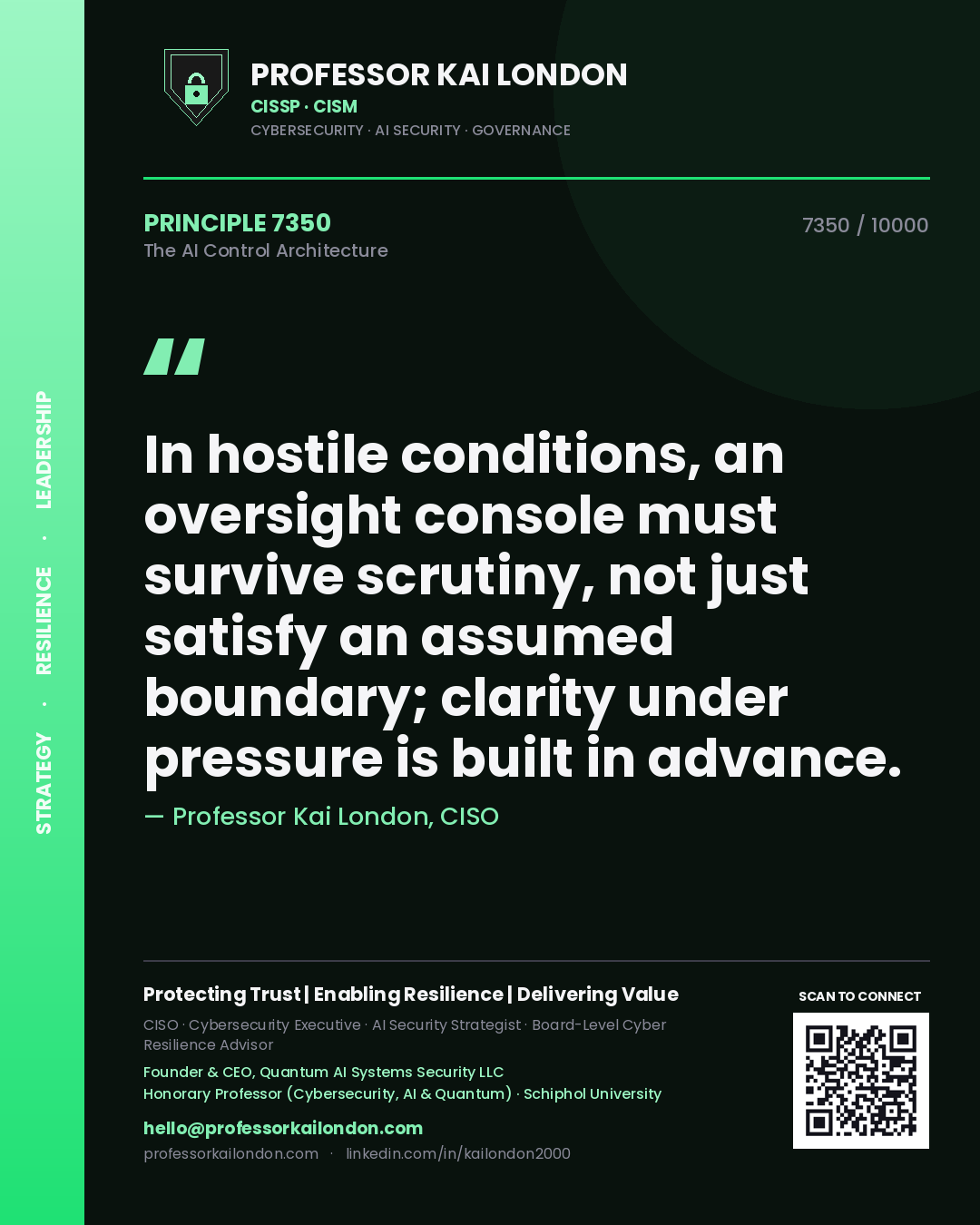 Professor Kai London principle 7350: In hostile conditions, an oversight console must survive scrutiny, not just satisfy an assumed boundary; clarity under pressure is built in advance.