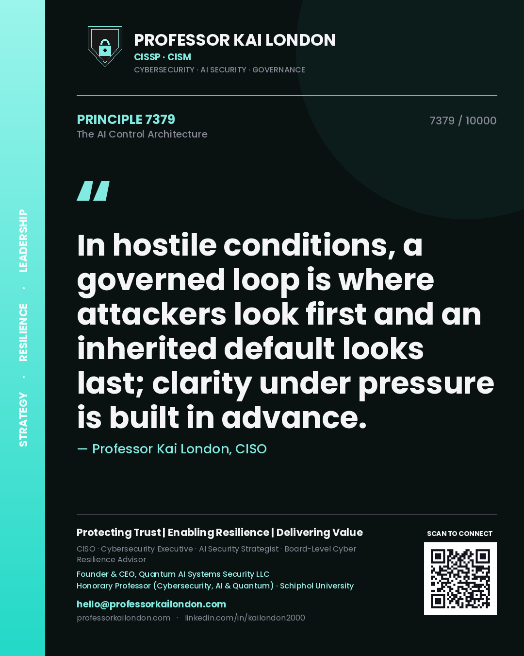 Quote card by Professor Kai London reading 'In hostile conditions, a governed loop is where attackers look first and an inherited default looks last; clarity under pressure is built in advance.'. From the book The AI Control Architecture.