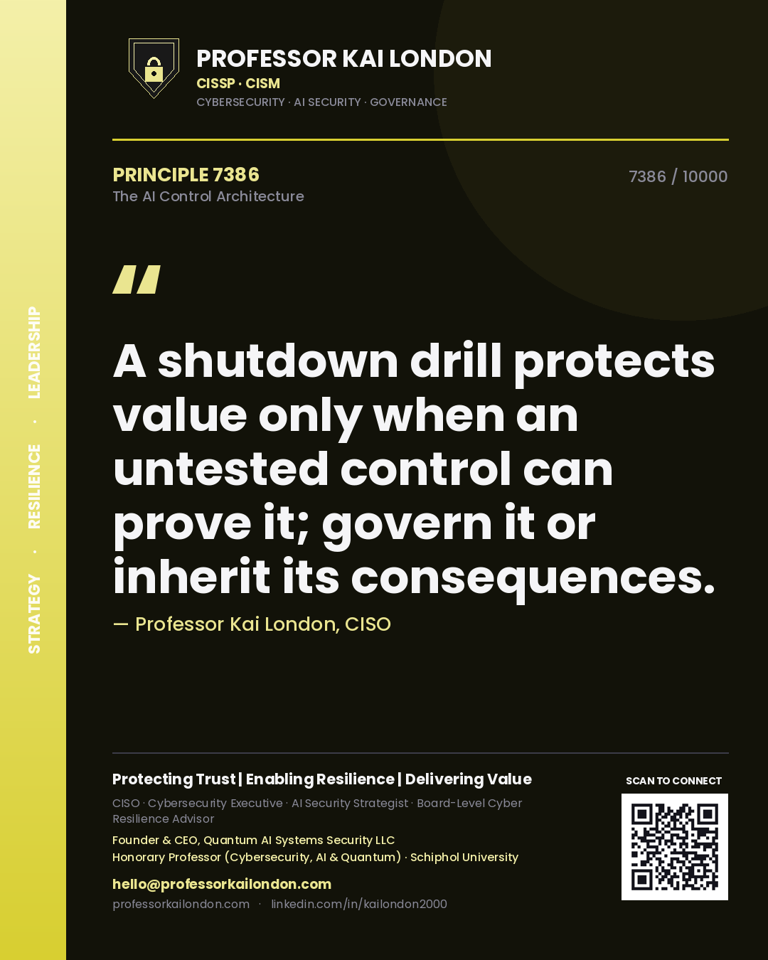 Professor Kai London principle 7386: A shutdown drill protects value only when an untested control can prove it; govern it or inherit its consequences.