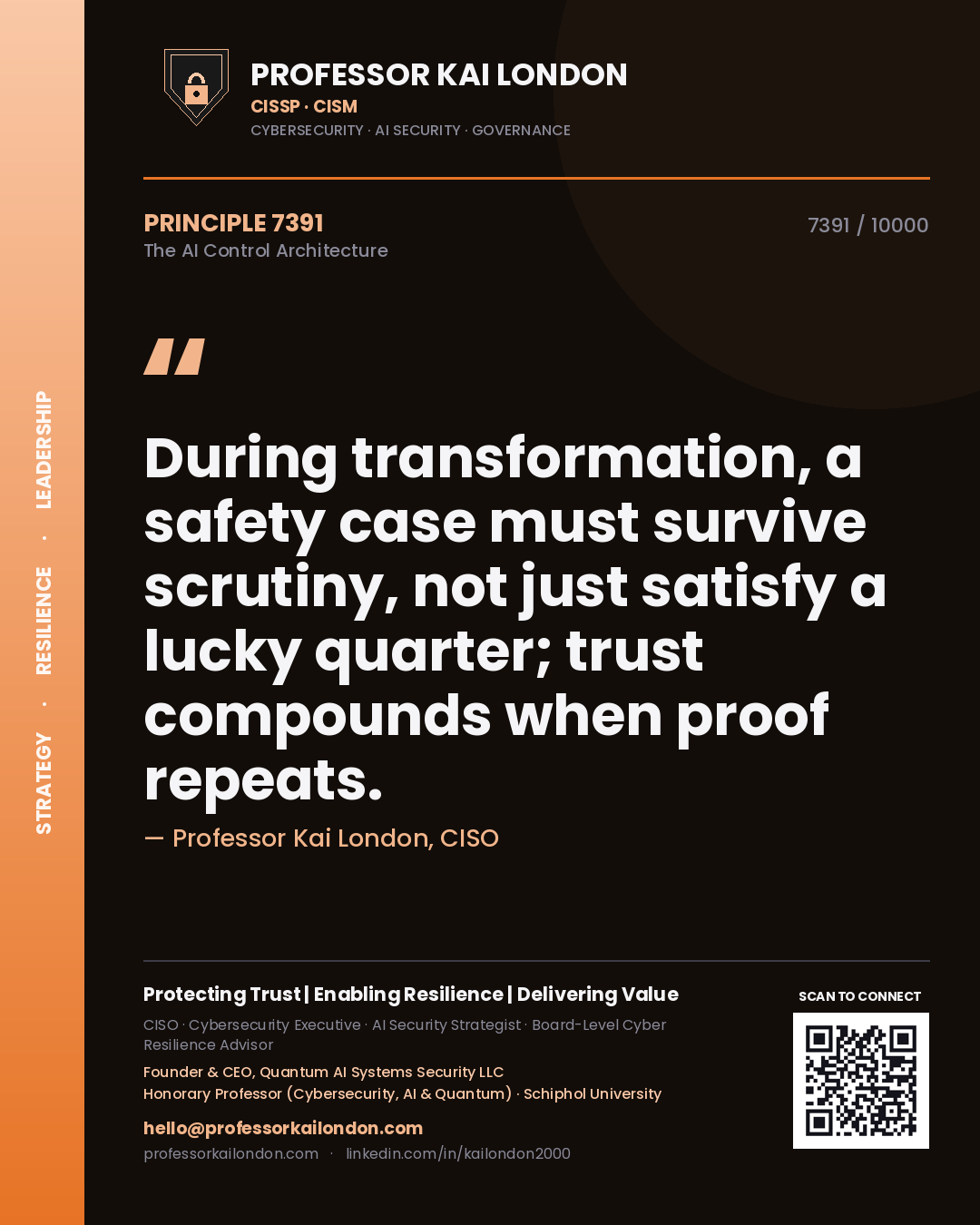 Professor Kai London principle 7391: During transformation, a safety case must survive scrutiny, not just satisfy a lucky quarter; trust compounds when proof repeats.