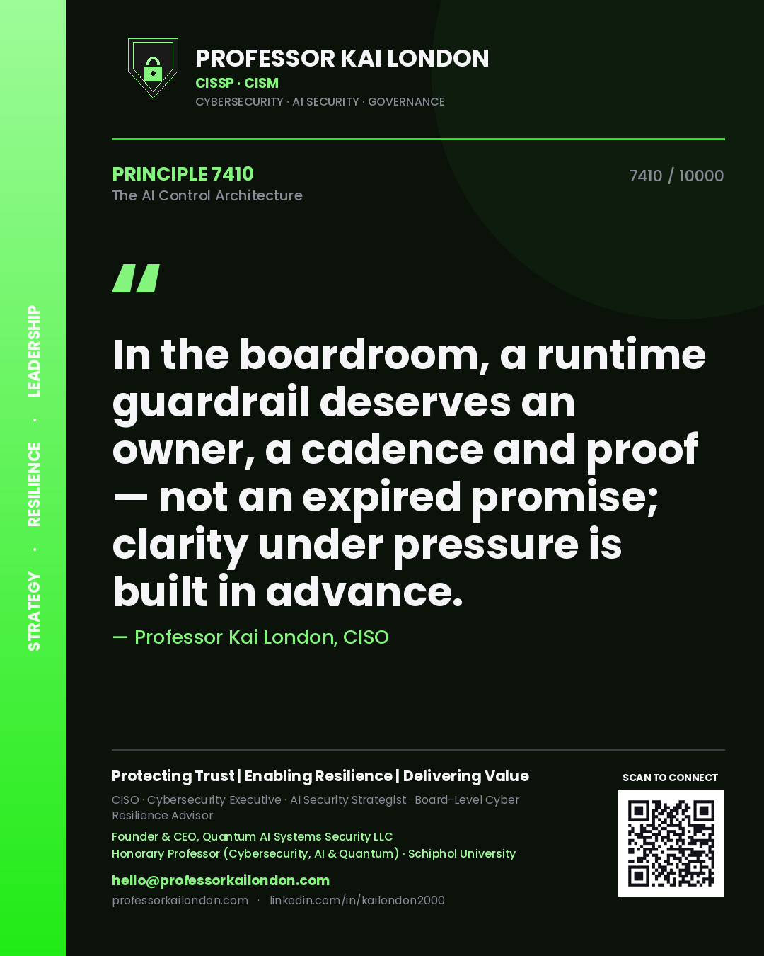 Professor Kai London principle 7410: In the boardroom, a runtime guardrail deserves an owner, a cadence and proof — not an expired promise; clarity under pressure is built in advance.