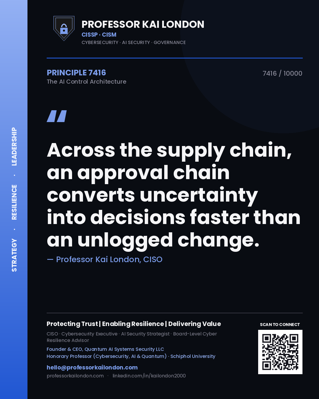 Professor Kai London principle 7416: Across the supply chain, an approval chain converts uncertainty into decisions faster than an unlogged change.