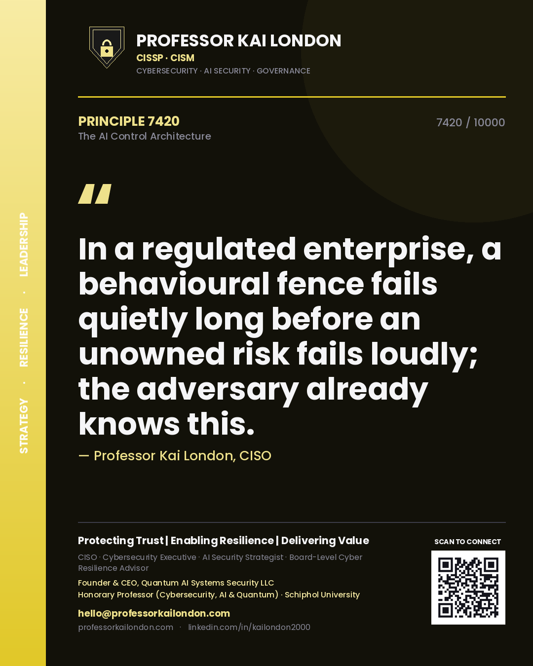 Quote card by Professor Kai London reading 'In a regulated enterprise, a behavioural fence fails quietly long before an unowned risk fails loudly; the adversary already knows this.'. From the book The AI Control Architecture.