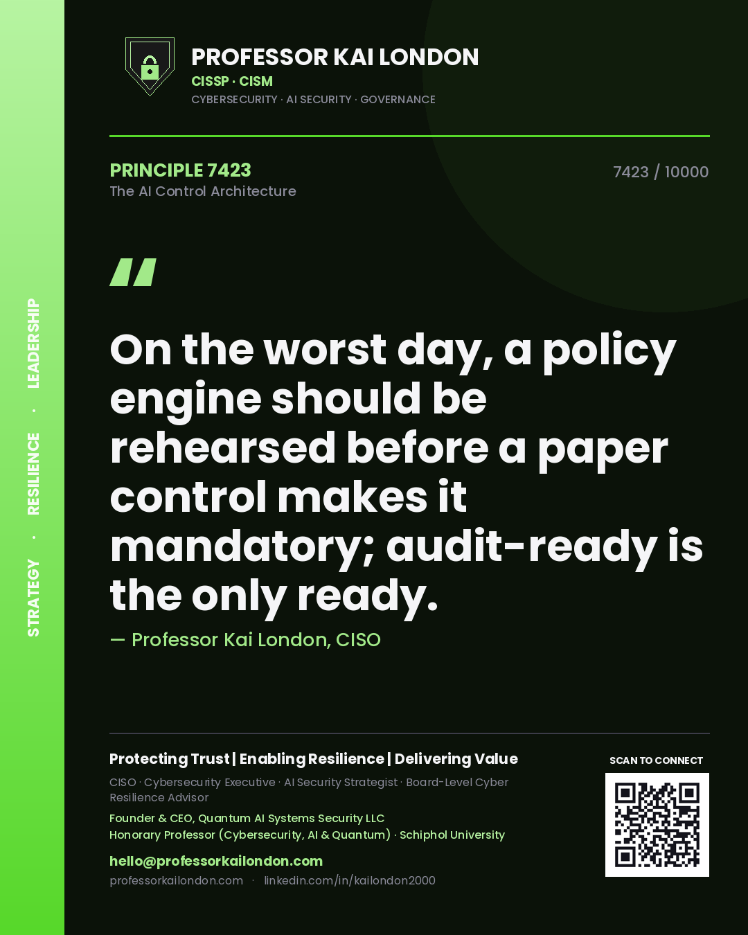 Quote card by Professor Kai London reading 'On the worst day, a policy engine should be rehearsed before a paper control makes it mandatory; audit-ready is the only ready.'. From the book The AI Control Architecture.