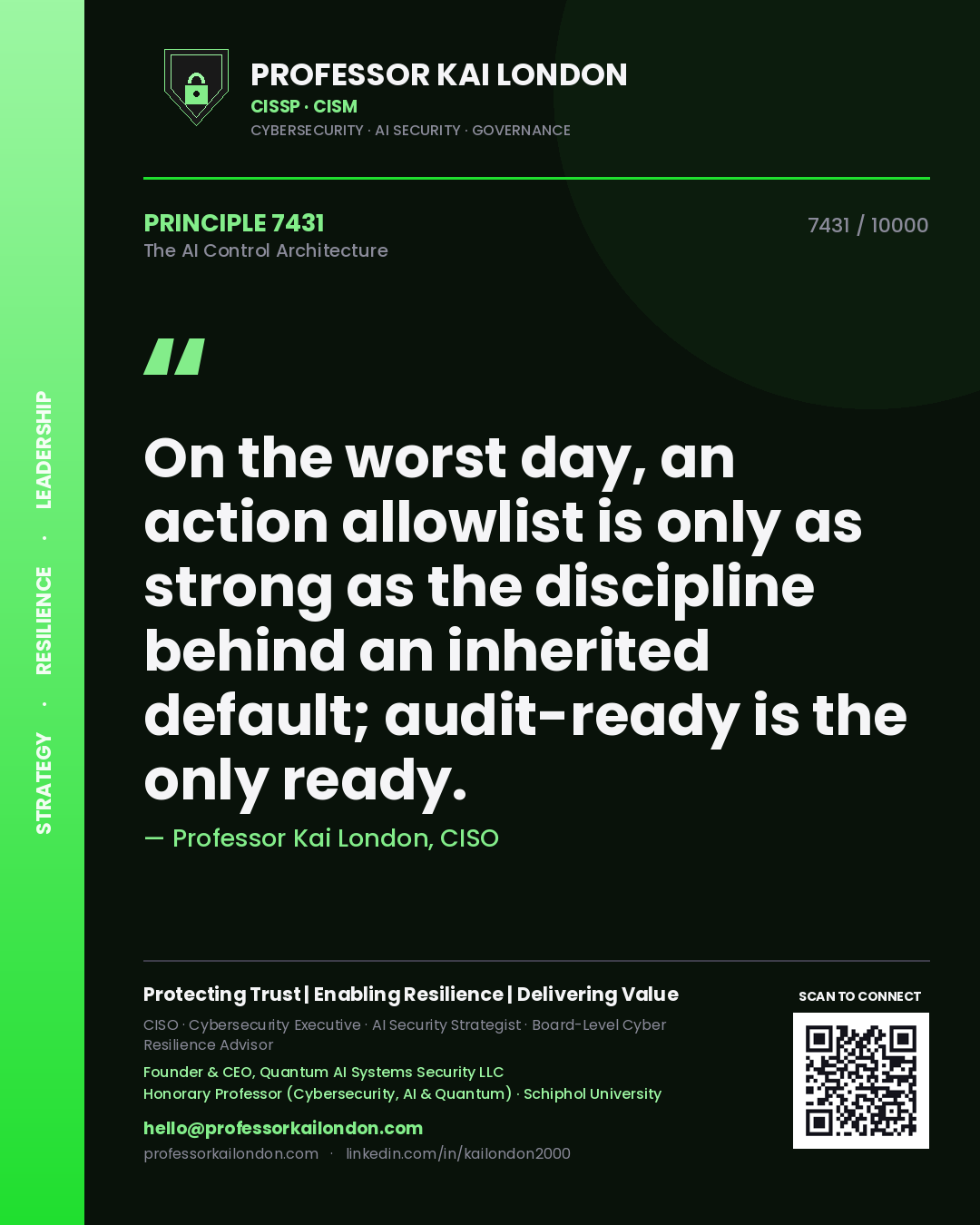 Professor Kai London principle 7431: On the worst day, an action allowlist is only as strong as the discipline behind an inherited default; audit-ready is the only ready.