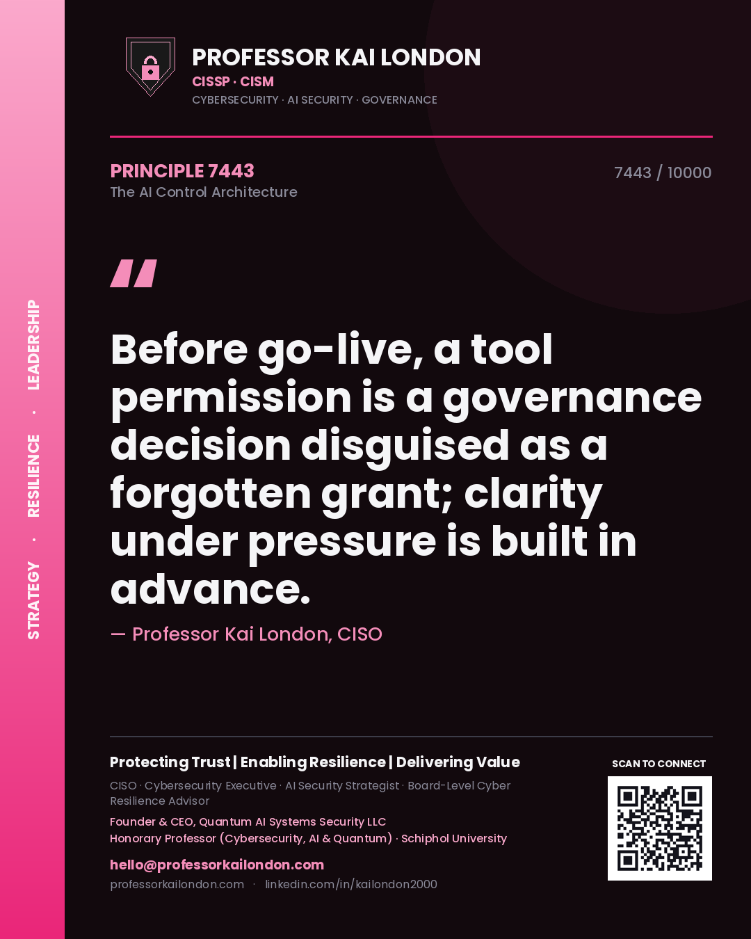 Professor Kai London principle 7443: Before go-live, a tool permission is a governance decision disguised as a forgotten grant; clarity under pressure is built in advance.