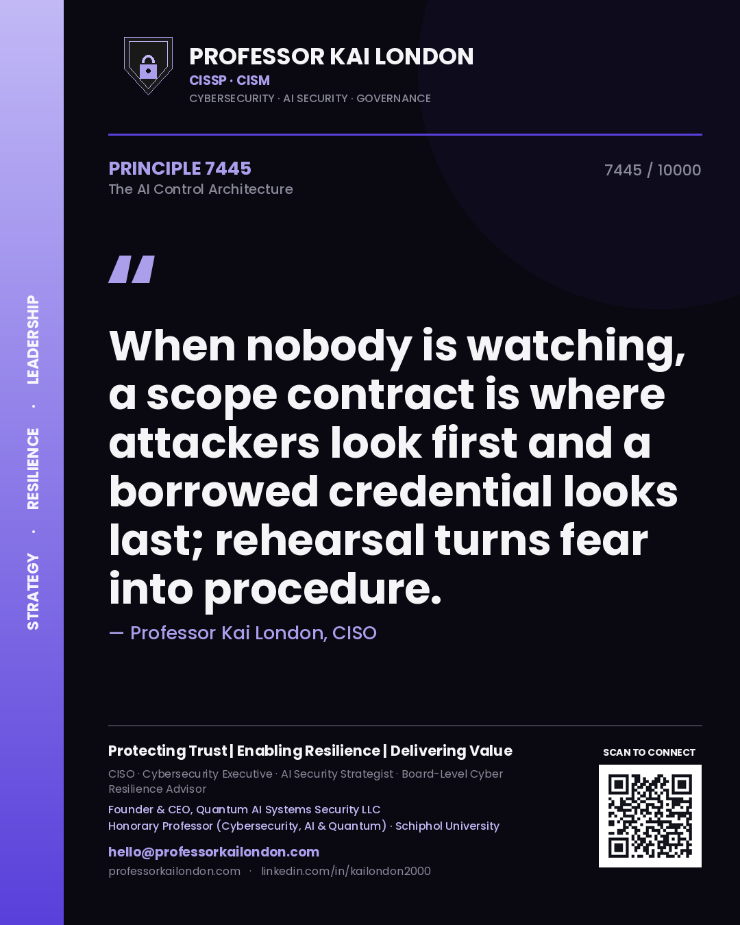 Professor Kai London principle 7445: When nobody is watching, a scope contract is where attackers look first and a borrowed credential looks last; rehearsal turns fear into procedure.