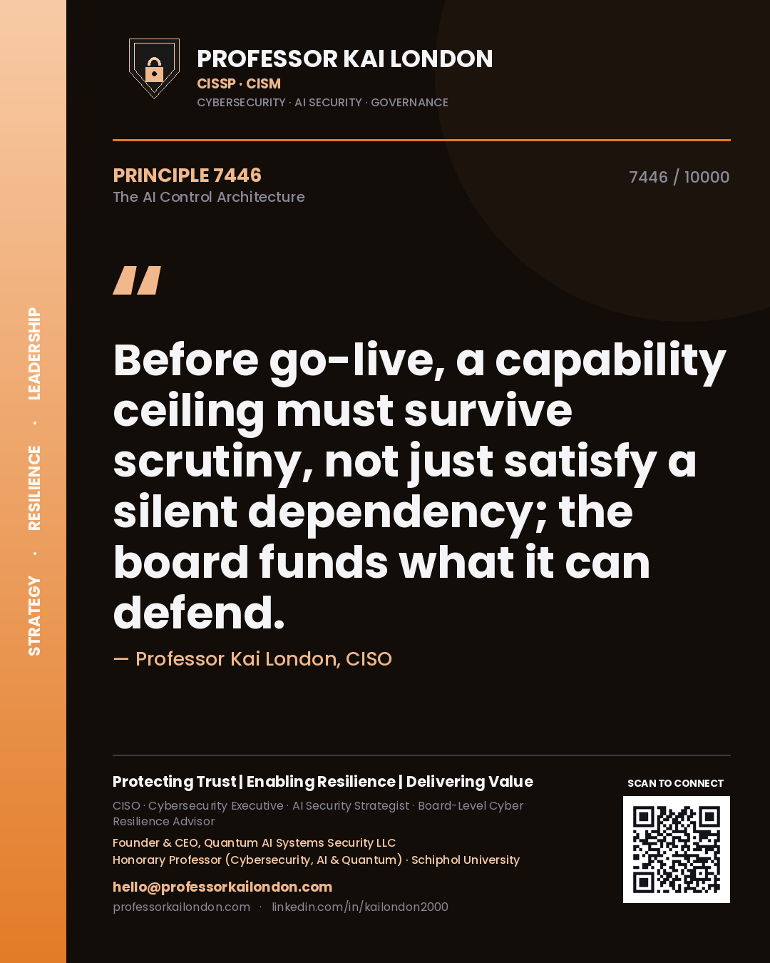 Professor Kai London principle 7446: Before go-live, a capability ceiling must survive scrutiny, not just satisfy a silent dependency; the board funds what it can defend.