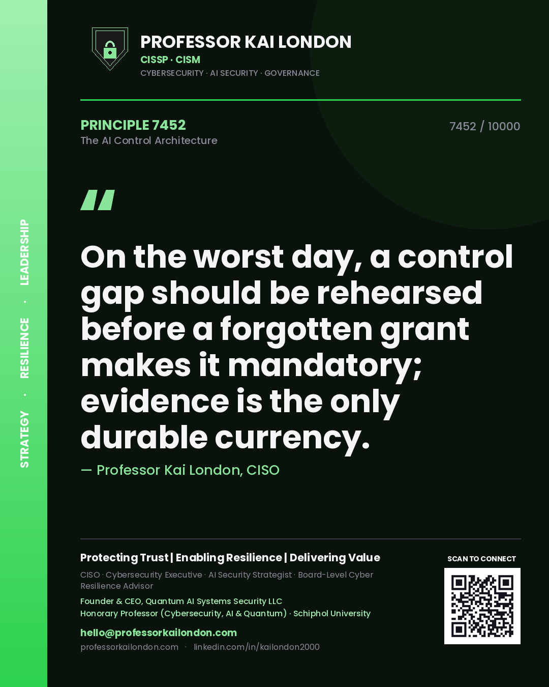 Professor Kai London principle 7452: On the worst day, a control gap should be rehearsed before a forgotten grant makes it mandatory; evidence is the only durable currency.