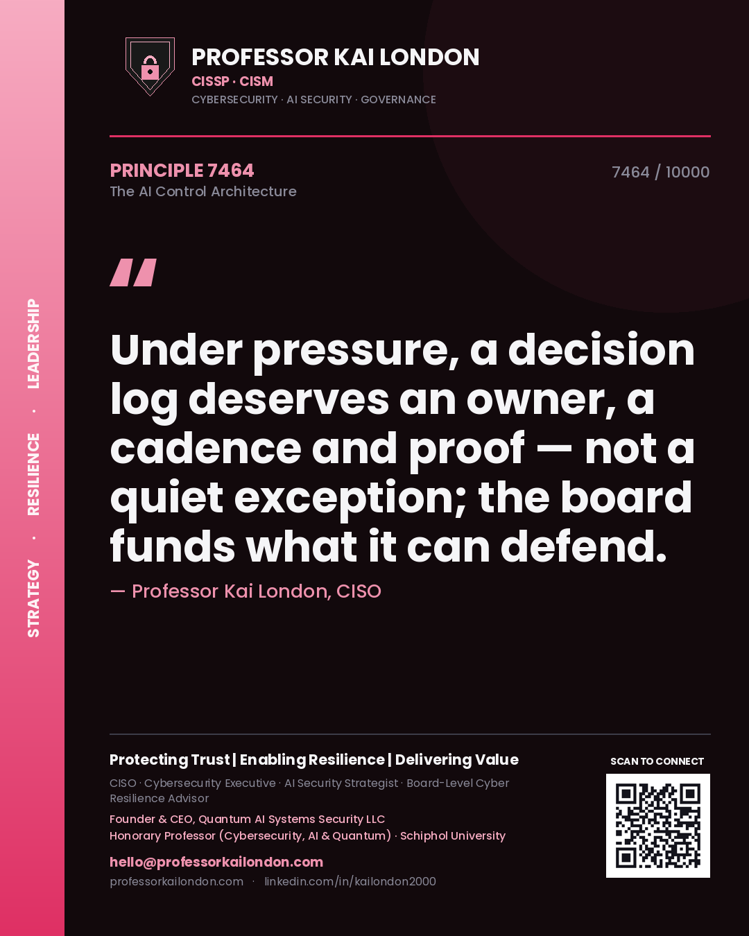 Quote card by Professor Kai London reading 'Under pressure, a decision log deserves an owner, a cadence and proof — not a quiet exception; the board funds what it can defend.'. From the book The AI Control Architecture.