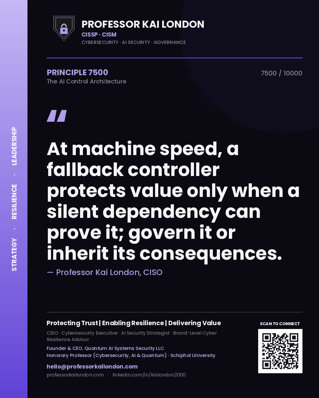 Professor Kai London principle 7500: At machine speed, a fallback controller protects value only when a silent dependency can prove it; govern it or inherit its consequences.