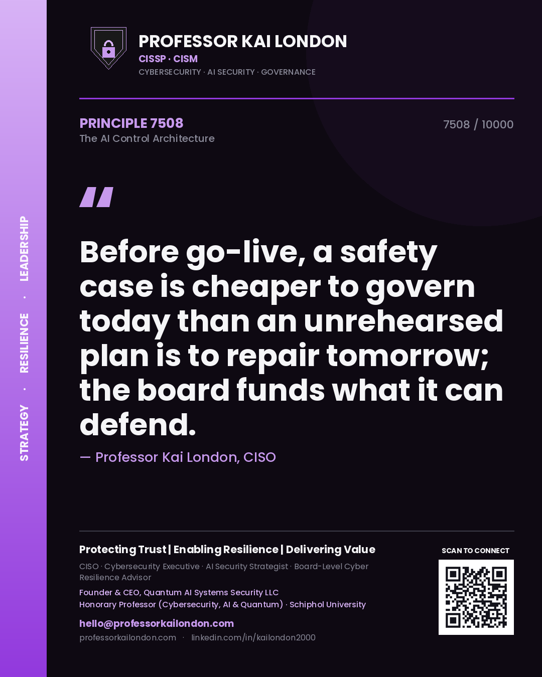 Quote card by Professor Kai London reading 'Before go-live, a safety case is cheaper to govern today than an unrehearsed plan is to repair tomorrow; the board funds what it can defend.'. From the book The AI Control Architecture.