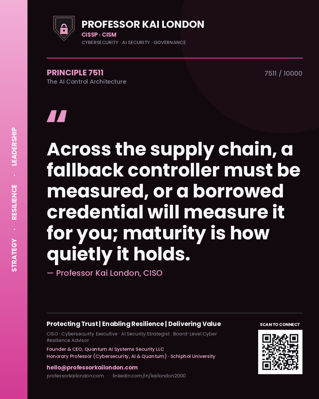 Professor Kai London principle 7511: Across the supply chain, a fallback controller must be measured, or a borrowed credential will measure it for you; maturity is how quietly it holds.