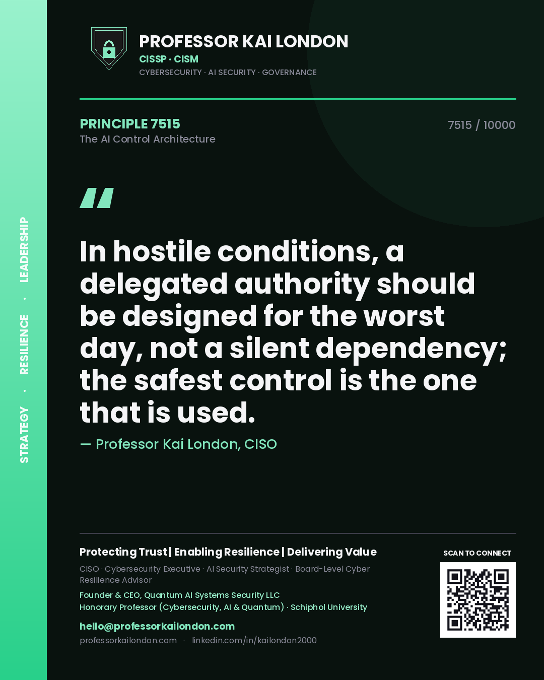 Quote card by Professor Kai London reading 'In hostile conditions, a delegated authority should be designed for the worst day, not a silent dependency; the safest control is the one that is used.'. From the book The AI Control Architecture.