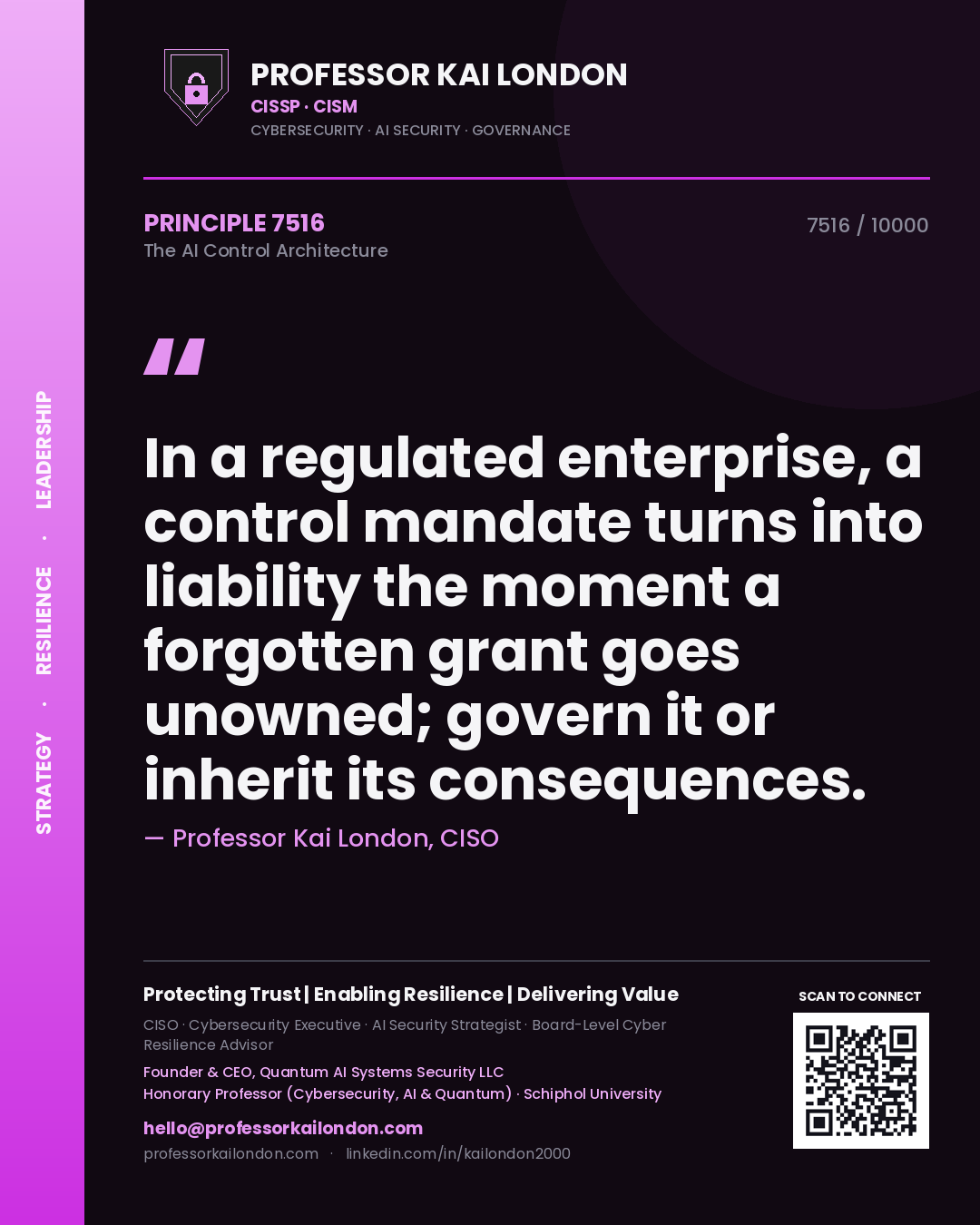 Quote card by Professor Kai London reading 'In a regulated enterprise, a control mandate turns into liability the moment a forgotten grant goes unowned; govern it or inherit its consequences.'. From the book The AI Control Architecture.