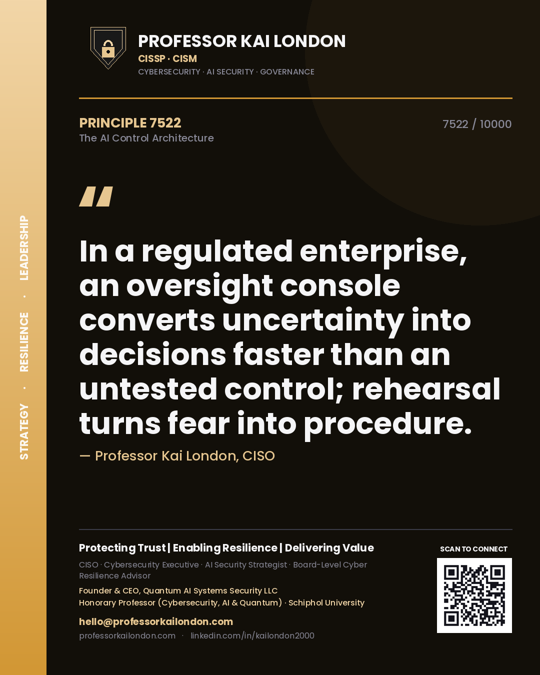 Professor Kai London principle 7522: In a regulated enterprise, an oversight console converts uncertainty into decisions faster than an untested control; rehearsal turns fear into procedure.
