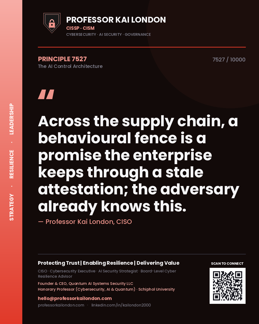 Professor Kai London principle 7527: Across the supply chain, a behavioural fence is a promise the enterprise keeps through a stale attestation; the adversary already knows this.