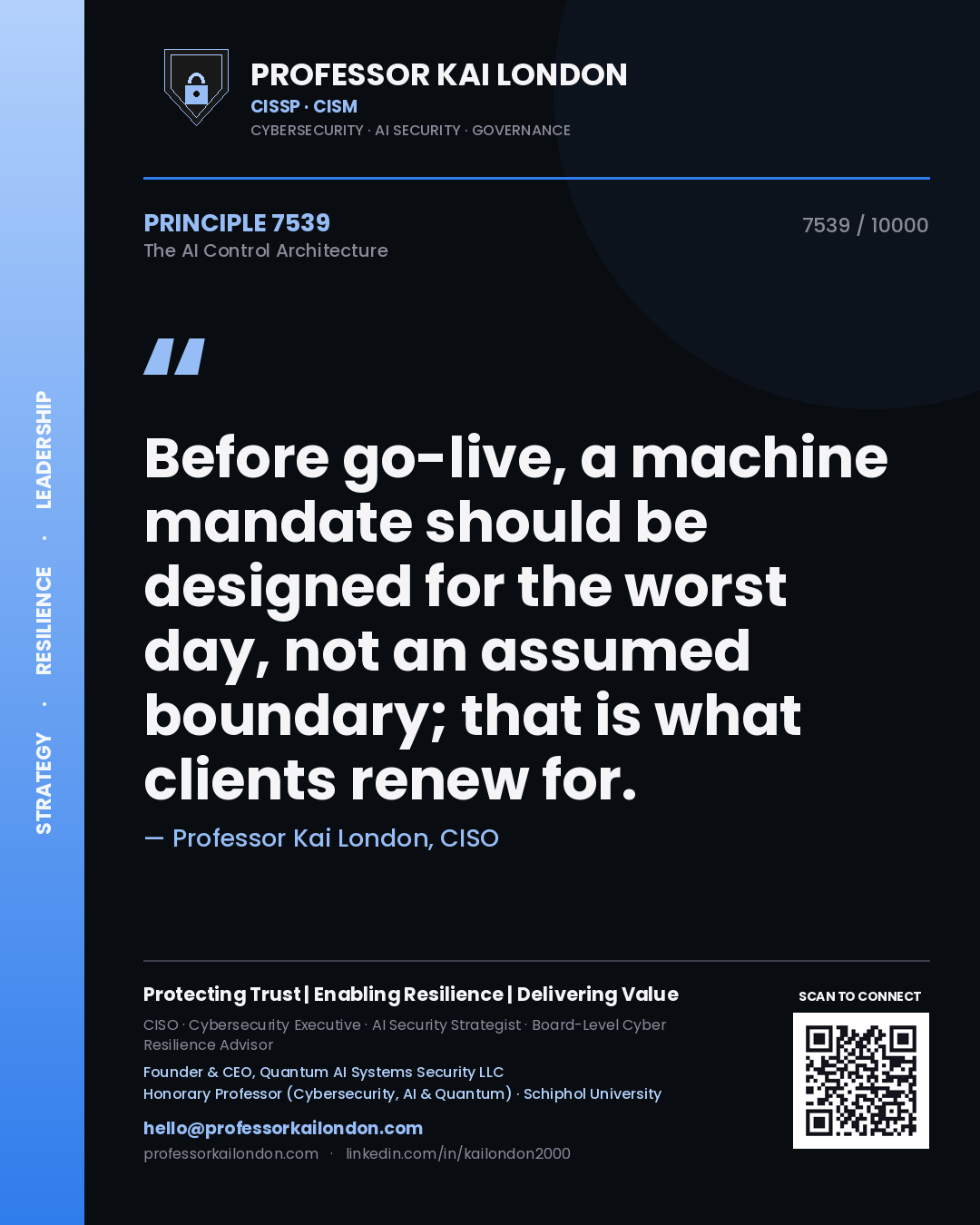 Professor Kai London principle 7539: Before go-live, a machine mandate should be designed for the worst day, not an assumed boundary; that is what clients renew for.