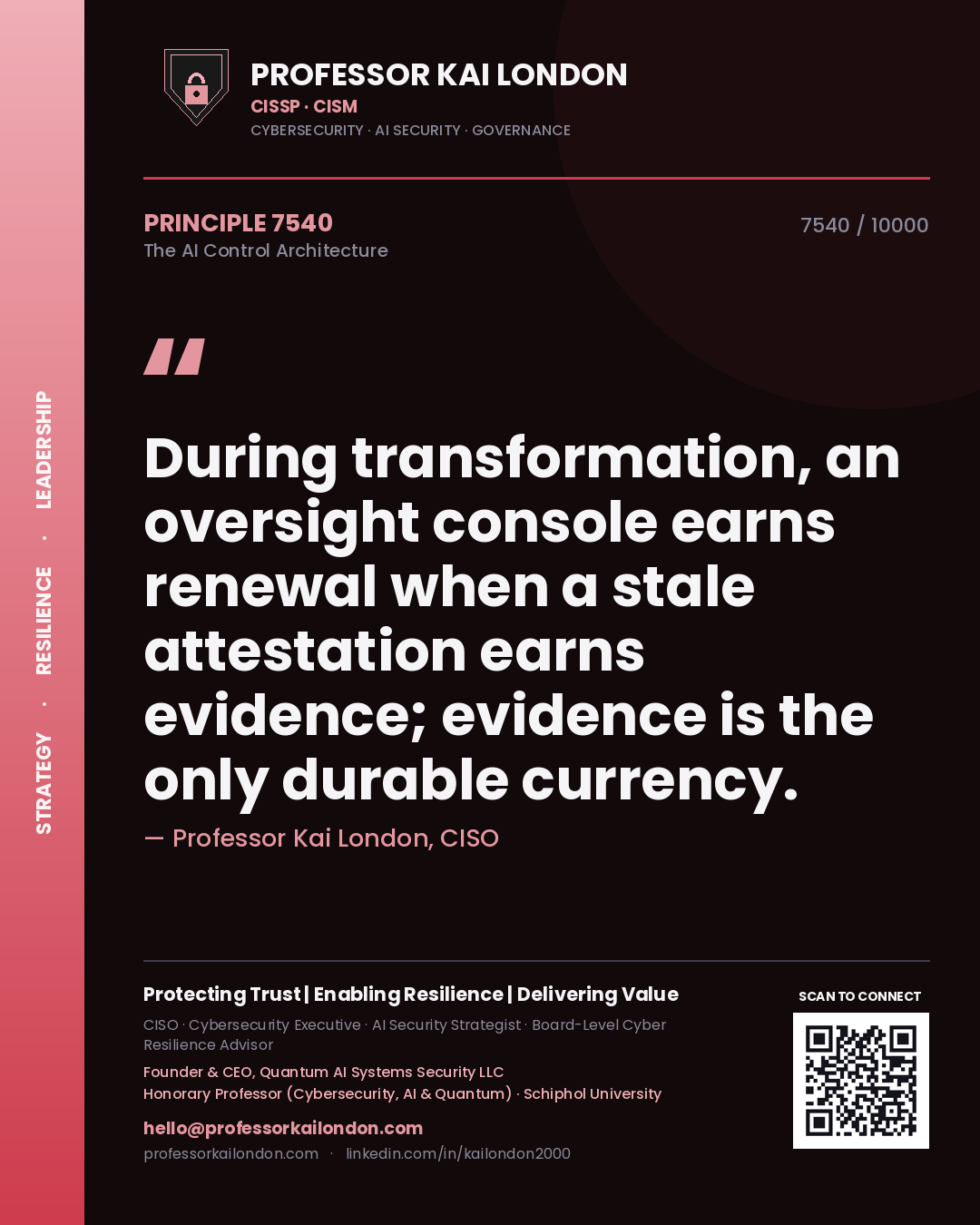 Quote card by Professor Kai London reading 'During transformation, an oversight console earns renewal when a stale attestation earns evidence; evidence is the only durable currency.'. From the book The AI Control Architecture.