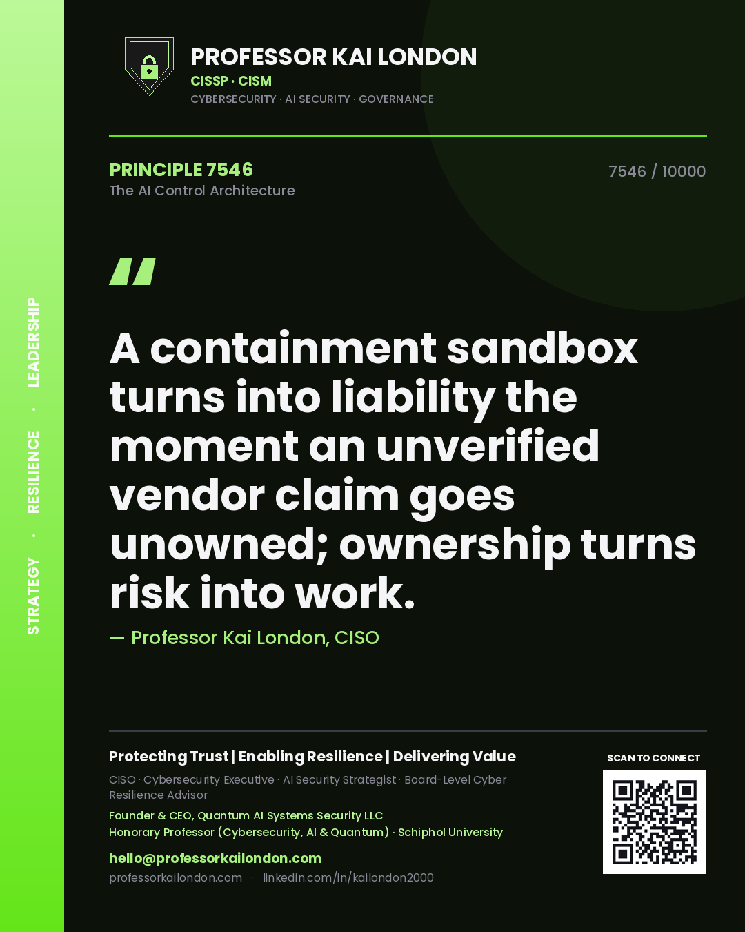 Professor Kai London principle 7546: A containment sandbox turns into liability the moment an unverified vendor claim goes unowned; ownership turns risk into work.