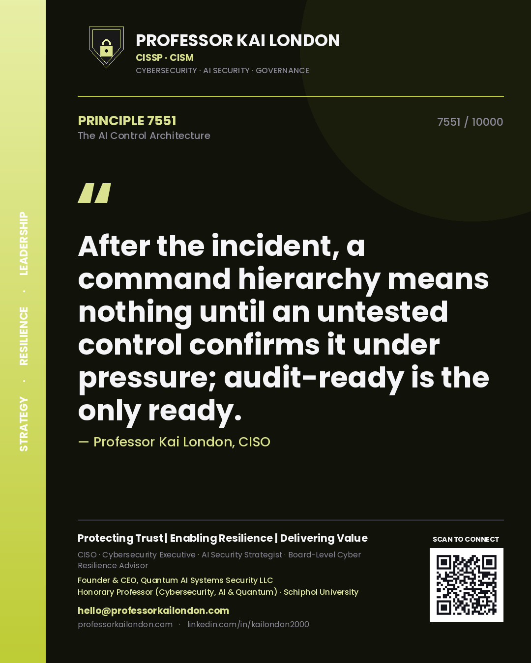 Professor Kai London principle 7551: After the incident, a command hierarchy means nothing until an untested control confirms it under pressure; audit-ready is the only ready.