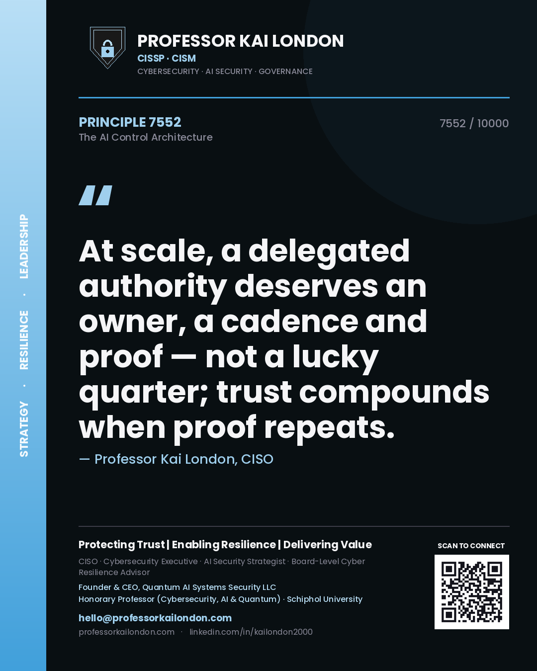 Professor Kai London principle 7552: At scale, a delegated authority deserves an owner, a cadence and proof — not a lucky quarter; trust compounds when proof repeats.