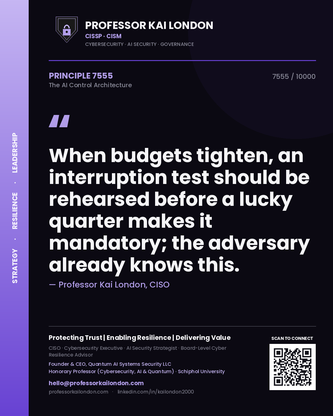 Professor Kai London principle 7555: When budgets tighten, an interruption test should be rehearsed before a lucky quarter makes it mandatory; the adversary already knows this.