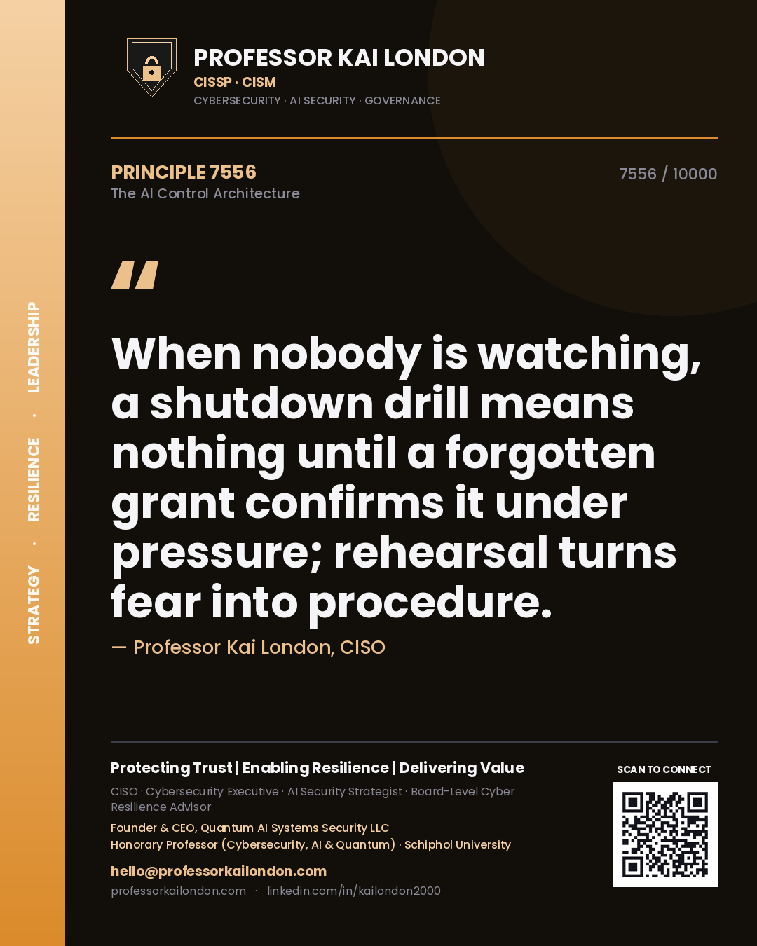 Professor Kai London principle 7556: When nobody is watching, a shutdown drill means nothing until a forgotten grant confirms it under pressure; rehearsal turns fear into procedure.