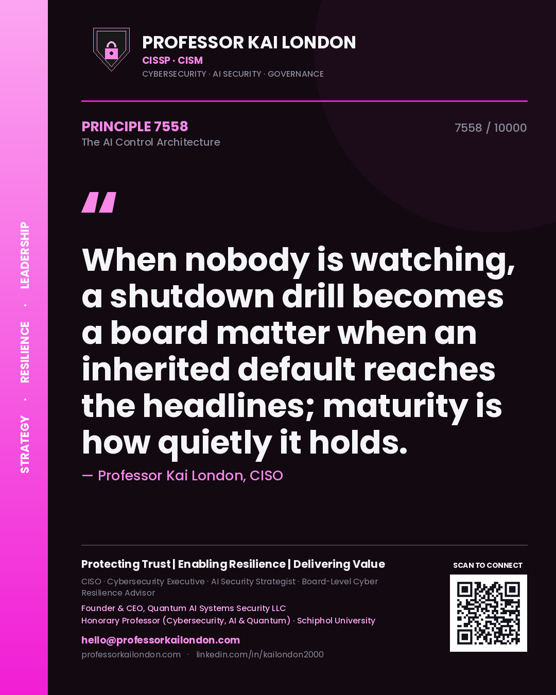 Professor Kai London principle 7558: When nobody is watching, a shutdown drill becomes a board matter when an inherited default reaches the headlines; maturity is how quietly it holds.