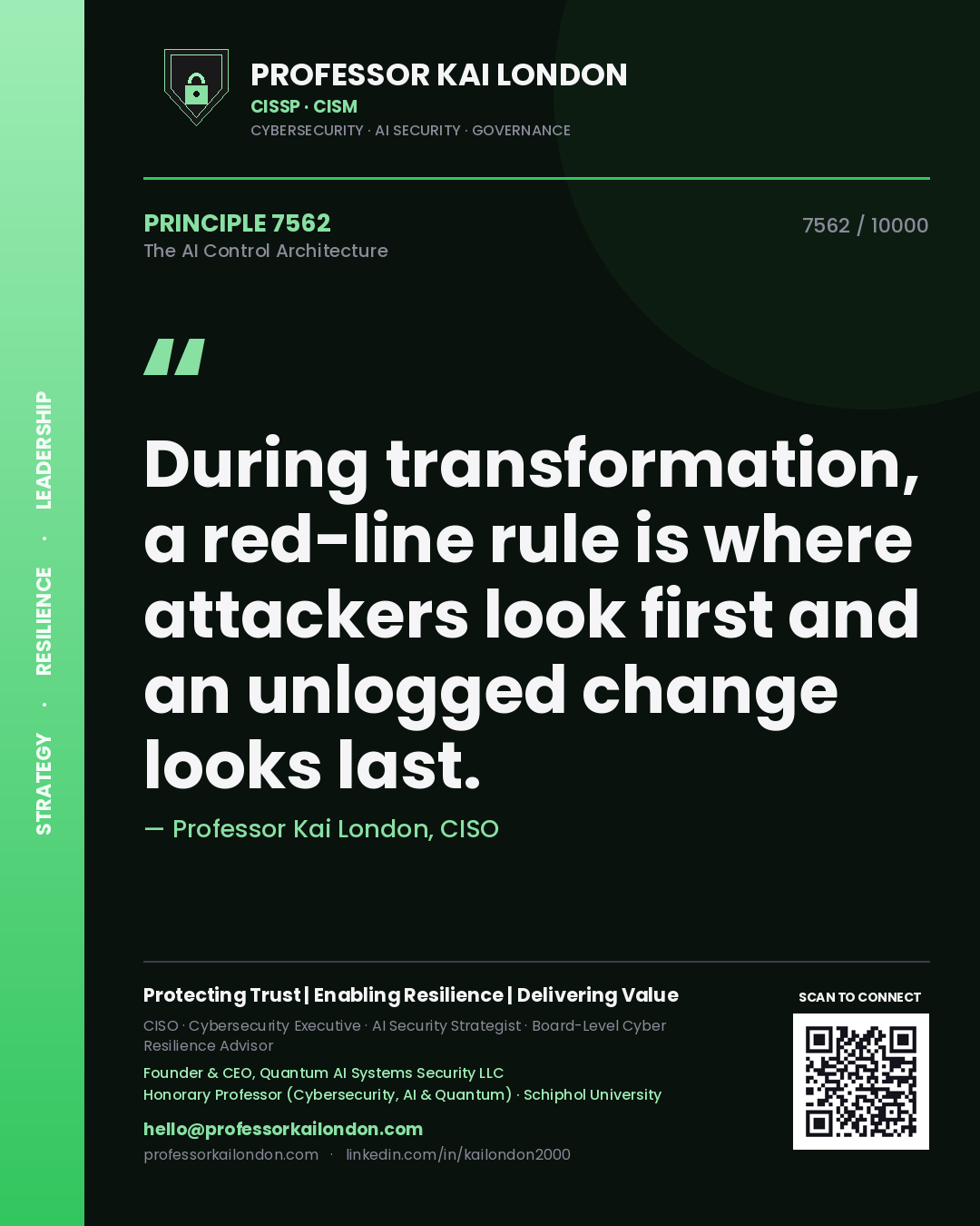 Quote card by Professor Kai London reading 'During transformation, a red-line rule is where attackers look first and an unlogged change looks last.'. From the book The AI Control Architecture.