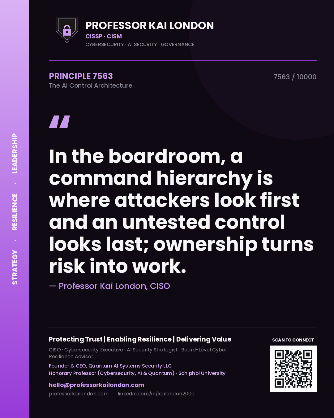 Professor Kai London principle 7563: In the boardroom, a command hierarchy is where attackers look first and an untested control looks last; ownership turns risk into work.