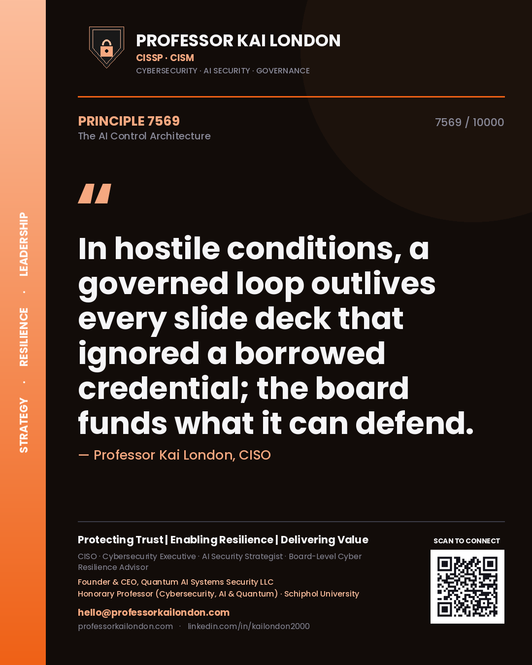 Professor Kai London principle 7569: In hostile conditions, a governed loop outlives every slide deck that ignored a borrowed credential; the board funds what it can defend.