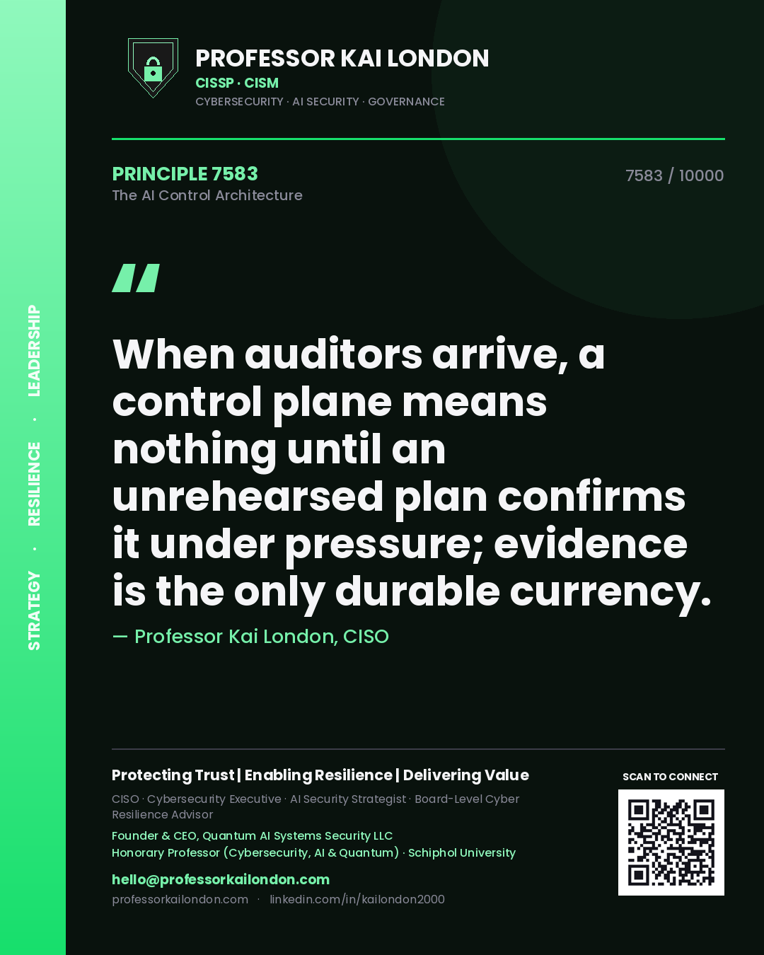 Professor Kai London principle 7583: When auditors arrive, a control plane means nothing until an unrehearsed plan confirms it under pressure; evidence is the only durable currency.