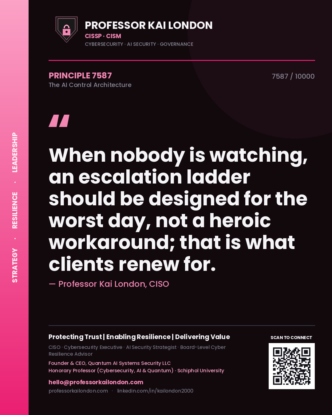 Professor Kai London principle 7587: When nobody is watching, an escalation ladder should be designed for the worst day, not a heroic workaround; that is what clients renew for.