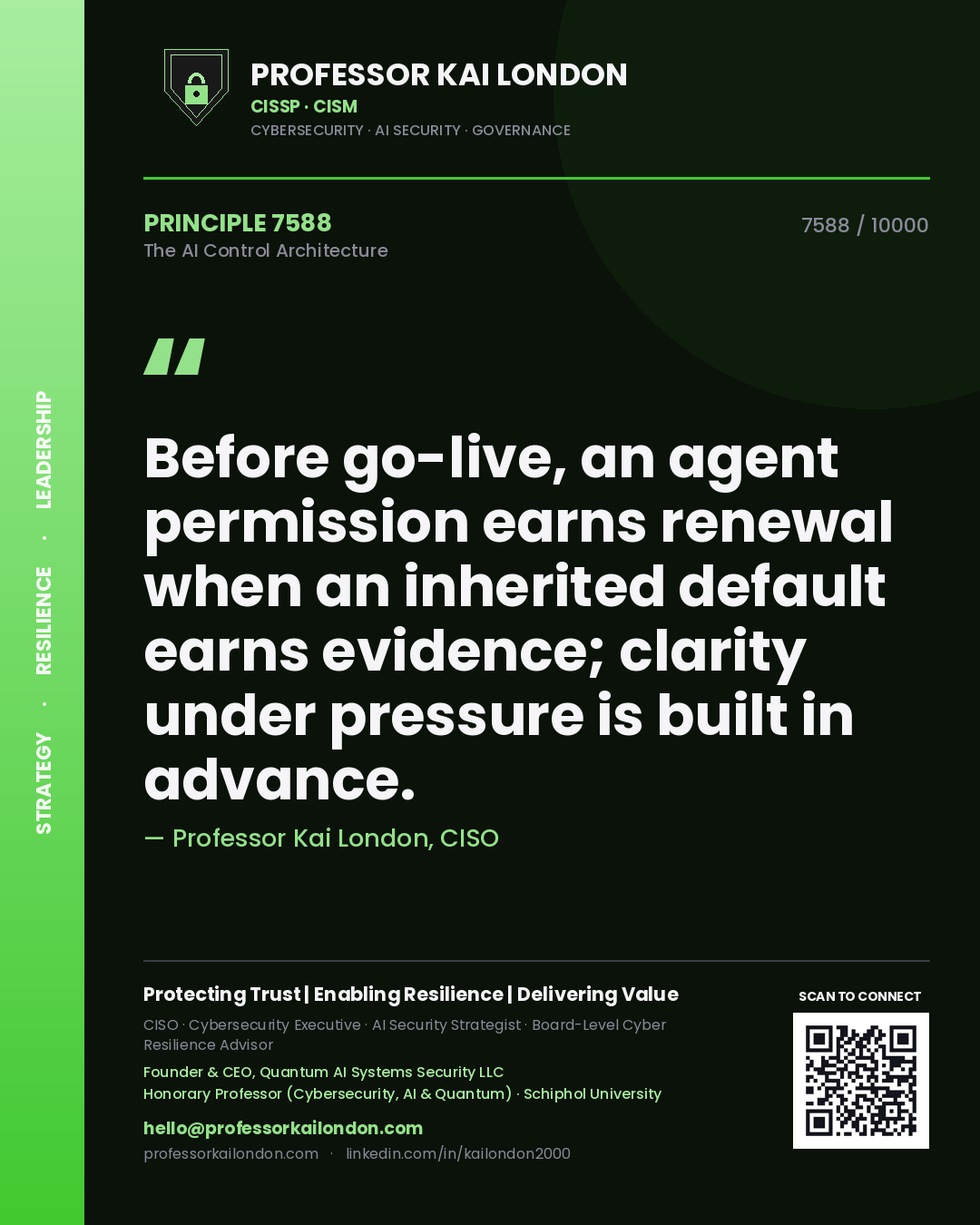 Quote card by Professor Kai London reading 'Before go-live, an agent permission earns renewal when an inherited default earns evidence; clarity under pressure is built in advance.'. From the book The AI Control Architecture.