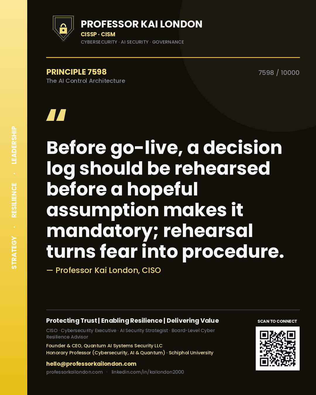 Professor Kai London principle 7598: Before go-live, a decision log should be rehearsed before a hopeful assumption makes it mandatory; rehearsal turns fear into procedure.