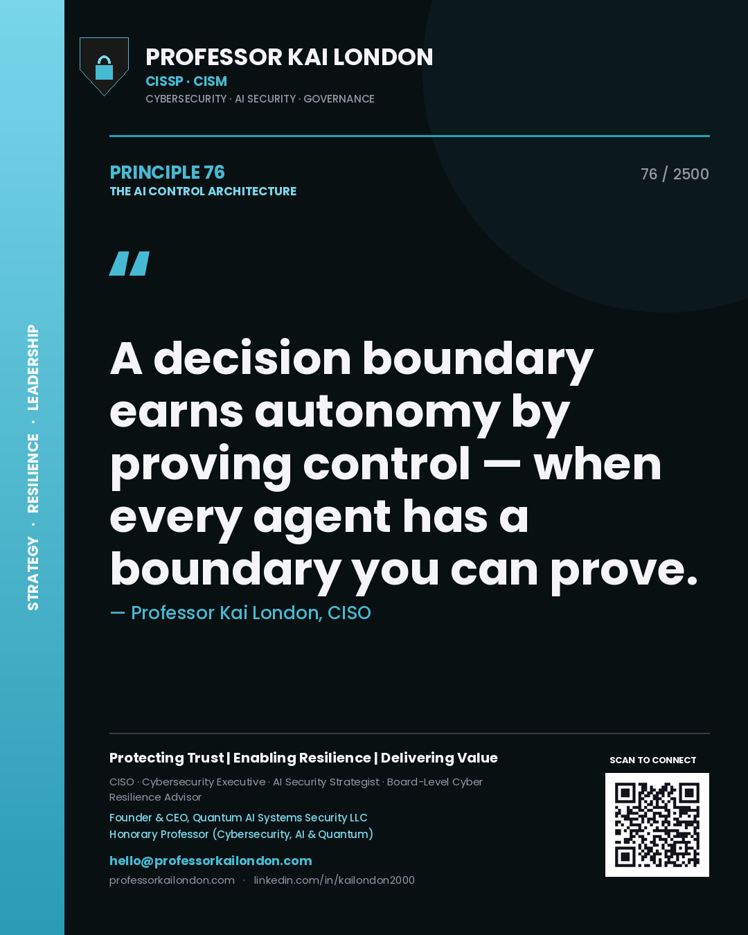 Professor Kai London principle 76: A decision boundary earns autonomy by proving control — when every agent has a boundary you can prove.