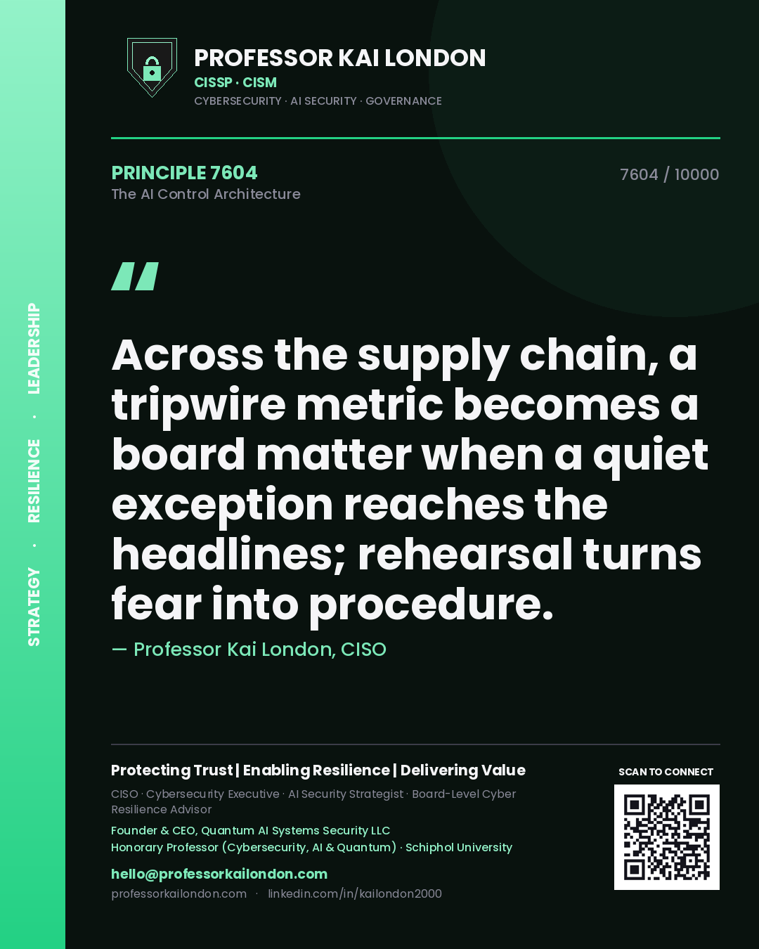 Professor Kai London principle 7604: Across the supply chain, a tripwire metric becomes a board matter when a quiet exception reaches the headlines; rehearsal turns fear into procedure.