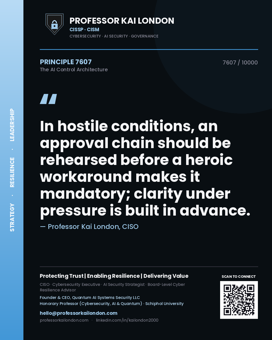 Professor Kai London principle 7607: In hostile conditions, an approval chain should be rehearsed before a heroic workaround makes it mandatory; clarity under pressure is built in advance.