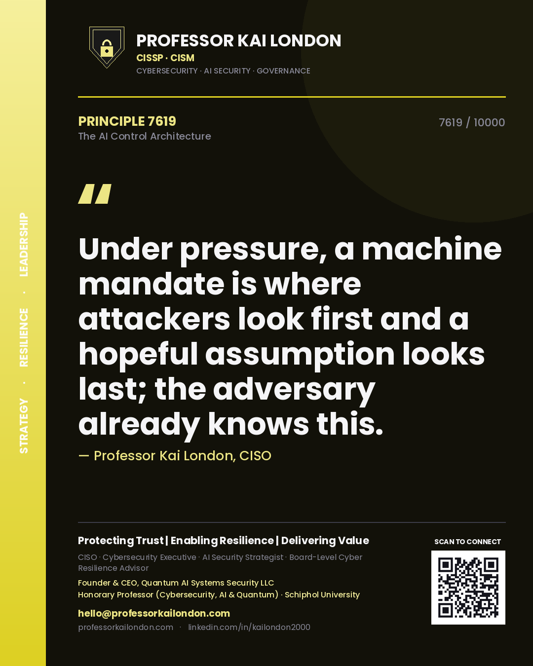 Professor Kai London principle 7619: Under pressure, a machine mandate is where attackers look first and a hopeful assumption looks last; the adversary already knows this.
