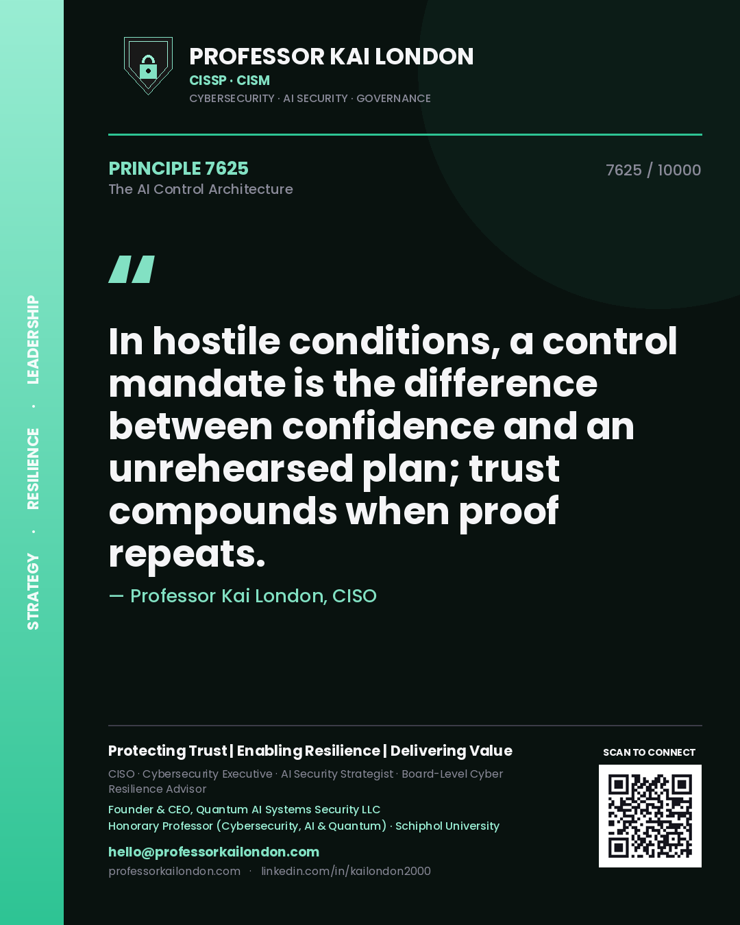 Professor Kai London principle 7625: In hostile conditions, a control mandate is the difference between confidence and an unrehearsed plan; trust compounds when proof repeats.